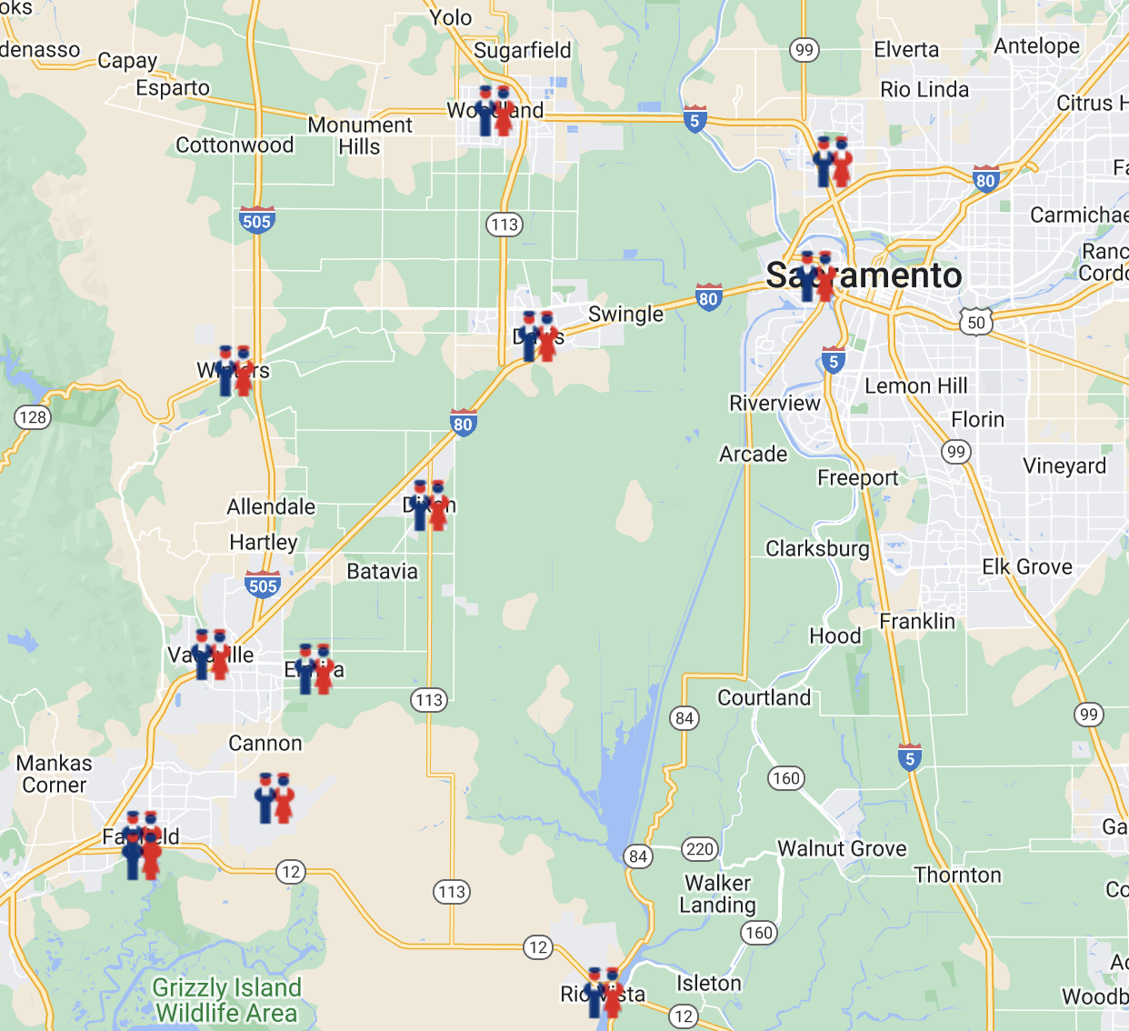 Service area map with pins on each location